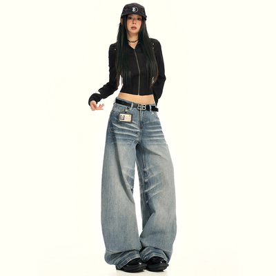 蓝色猫须设计阔腿百搭牛仔拖地裤