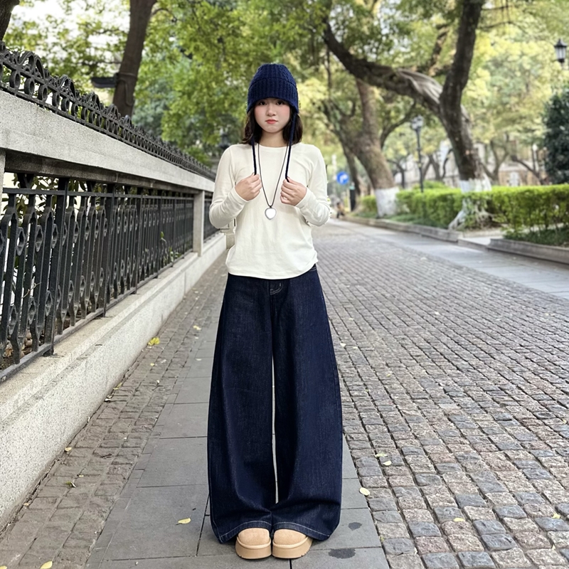 九月春夏新款宽松阔腿裤女垂感美式复古设计感百搭拖地直筒牛仔裤