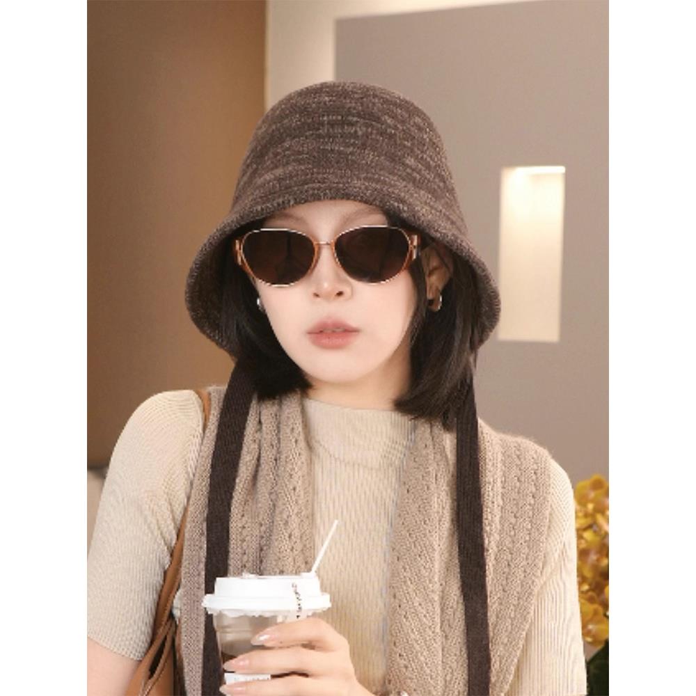 日系混色飘带针织渔夫帽子女秋冬季大头围休闲简约气质显脸小盆帽