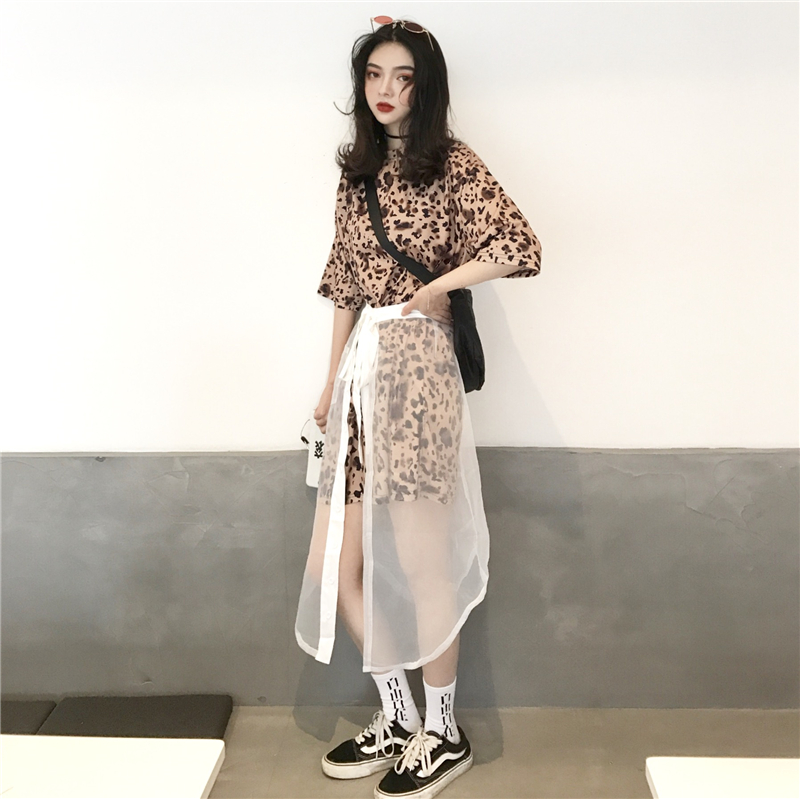 港味chic原宿bf风宽松中长款豹纹短袖T恤女+透明网纱A字半身裙潮