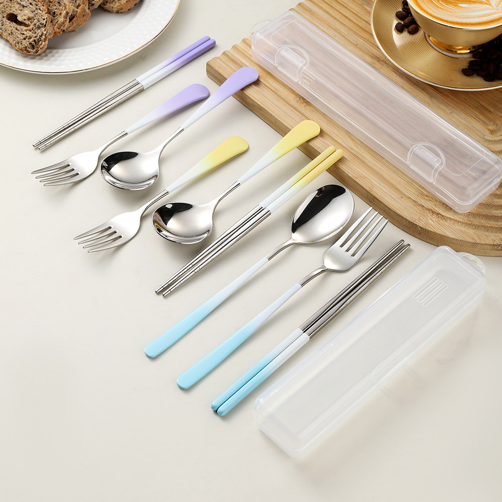 学生便捷餐具套装304渐变叉勺筷