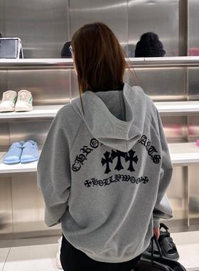 刺绣十字架梵文连帽卫衣男潮牌美式24秋冬400g全棉开衫外套ins
