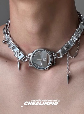 小众设计时间表盘克罗金属皮革项圈个性y2k千禧辣妹少女项链颈链