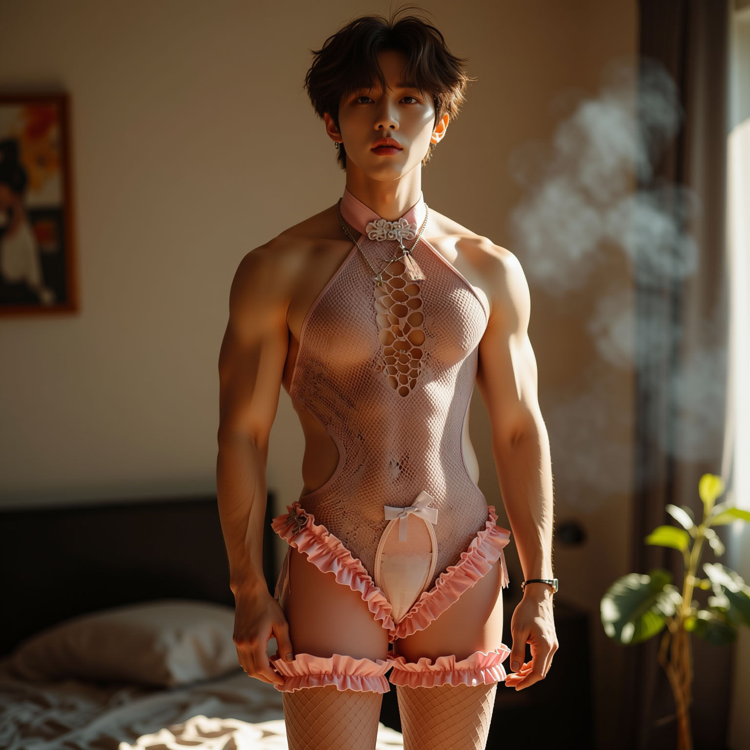 男款内衣性感睡衣套装情侣互动角色扮演粉色大码网衣开档伪娘