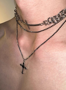 原创十字项链基础设计款choker小众设计多层叠戴锁骨链长款项链