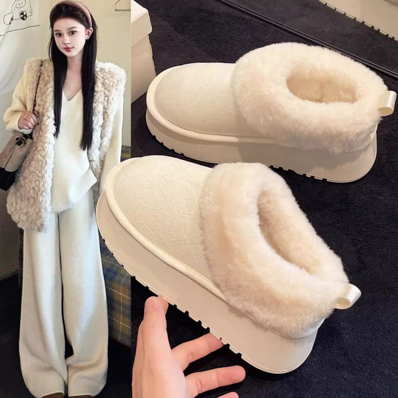 冬季加绒厚底防滑懒人雪地靴女