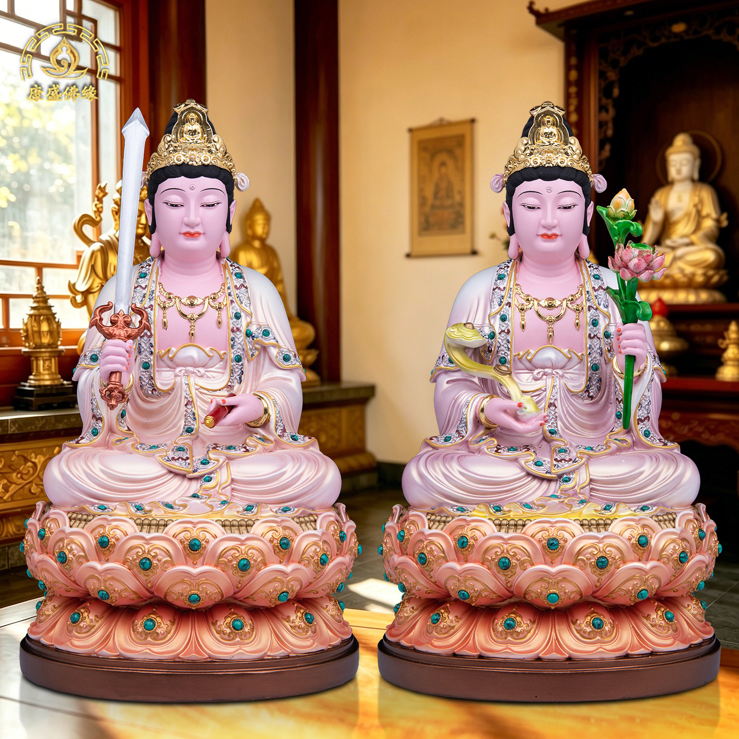 树脂彩绘三圣佛像家用供奉摆件