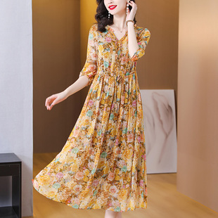 2026春夏奢华粉红玛丽专柜正品牌休闲古贝莎女高端赛兔真丝连衣裙