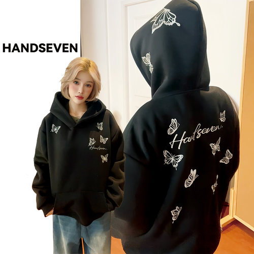 HandSeven复古风蝴蝶字母刺绣长袖连帽卫衣秋冬慵懒感重磅连帽衫