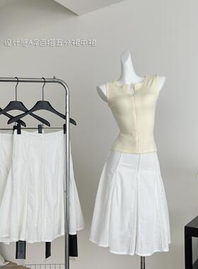 EGGKA白色鱼骨设计感中裙女夏季新款简约气质显瘦a字百搭半身裙