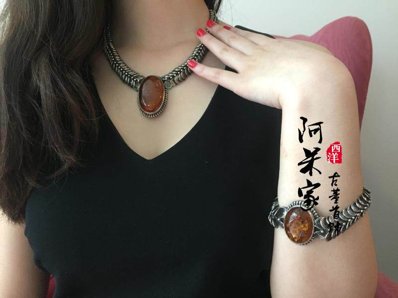 民国宫廷925纯银天然老琥珀盘龙项链吊坠手链古董珠宝套装传家宝