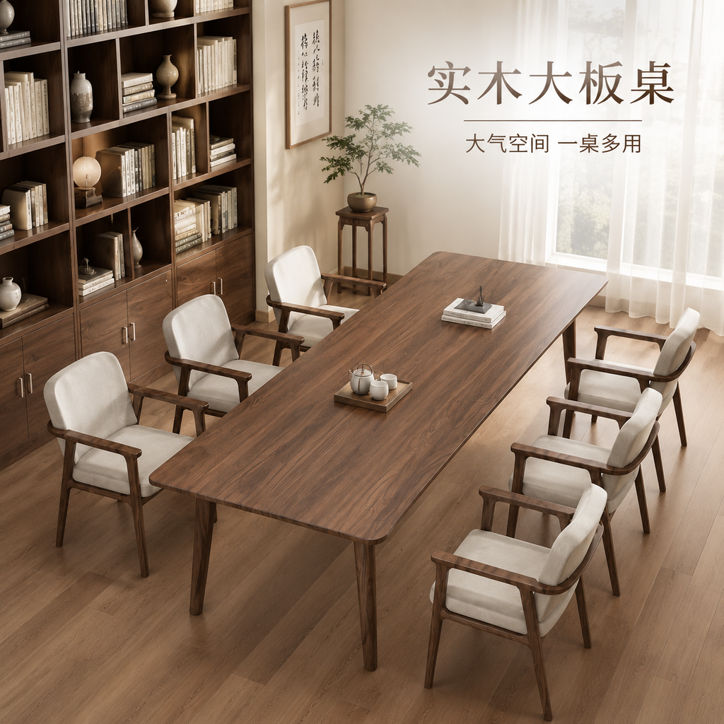 胡桃木大板桌北欧简约办公桌家用学习桌椅组合一桌多用长桌子书桌