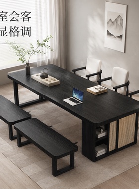 实木黑色茶桌简约现代款设计师款客厅小户型储物长桌去客厅化餐桌