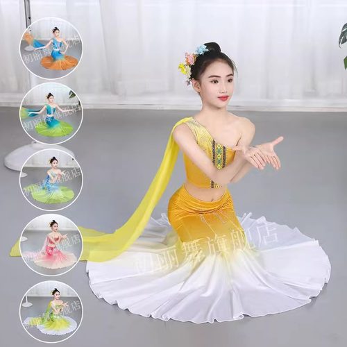 傣族舞蹈服装演出服儿童女女童艺考练习裙修身练功裙表演服鱼尾裙