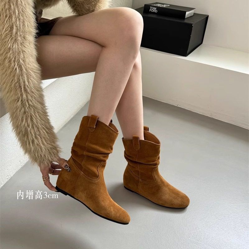 法式复古堆堆靴女靴秋冬新款磨砂真皮内增高套筒西部牛仔靴女靴子