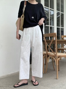 SEAWHEN海维恩镂空蕾丝九分直筒裤女 夏季纯棉透气内衬白色休闲裤
