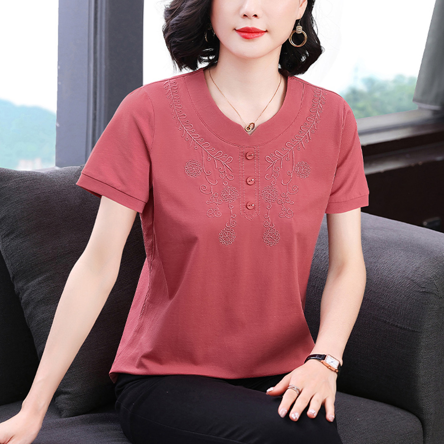 妈妈装纯棉短袖t恤女2026夏装新款中年宽松大码遮肚时尚洋气上衣 - 美仪扬采出品