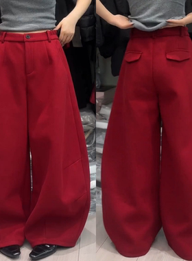 红色时髦高级感弯刀休闲裤2025冬季新款加绒显瘦宽松阔腿裤