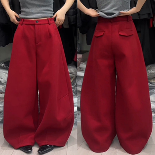 加绒显瘦宽松阔腿裤 新款 2025冬季 红色时髦高级感弯刀休闲裤