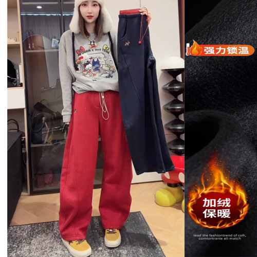 韩系拼接腊肠狗刺绣圣诞裤2024冬