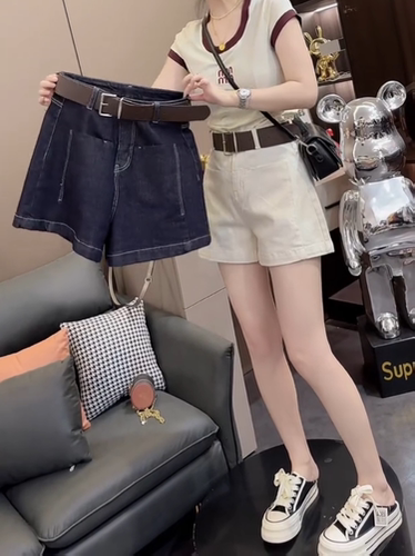杏色高腰宽松显瘦阔腿牛仔短裤子
