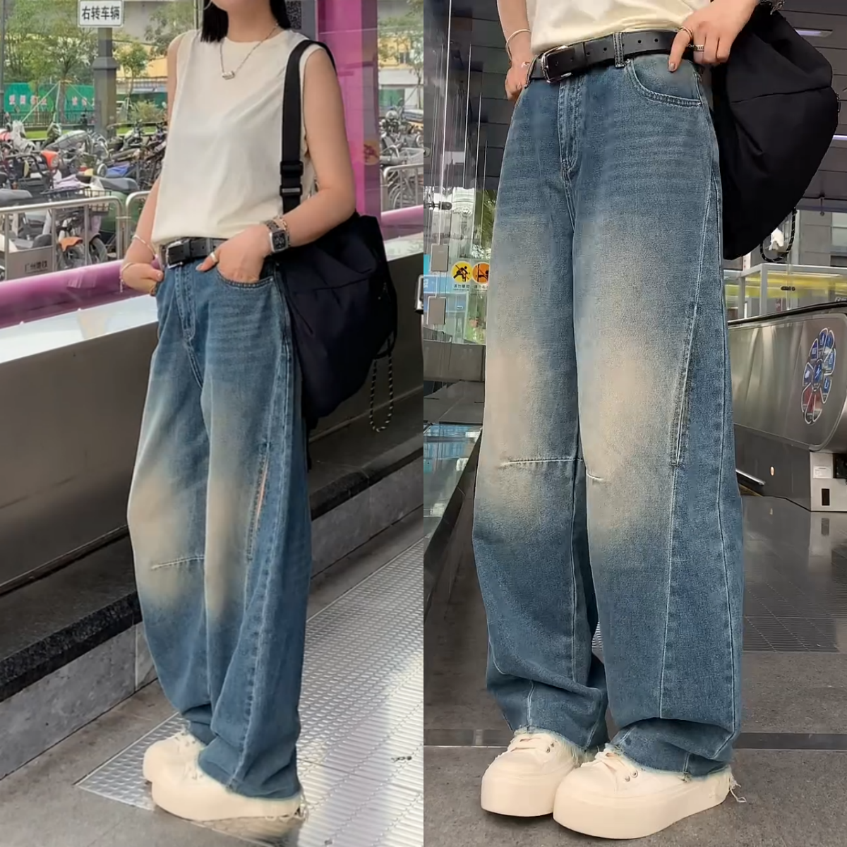 蓝色牛仔裤女宽松2024年新款秋季常规直筒裤小个子显瘦弯刀裤子