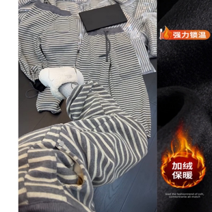 韩系百搭条纹休闲裤2025年秋冬新款加绒高腰显瘦束脚阔腿裤