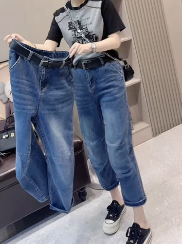蓝色宽松显瘦直筒弯刀八分牛仔裤