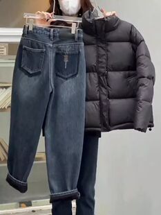 显瘦哈伦牛仔裤女裤2024春装新款大码胖妹妹高腰直筒裤翻边萝卜裤