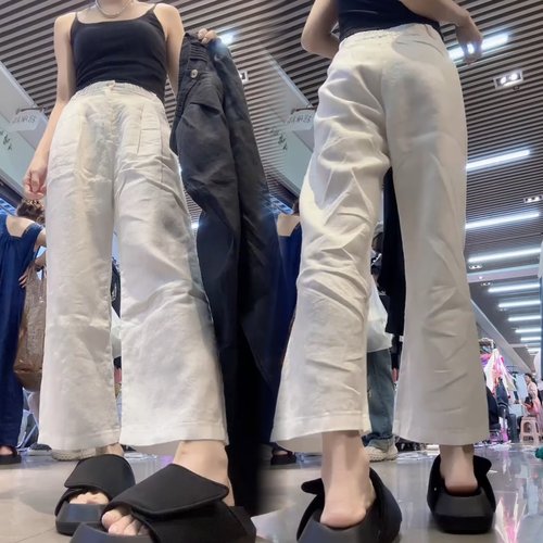 白色阔腿宽松显瘦九分休闲麻裤