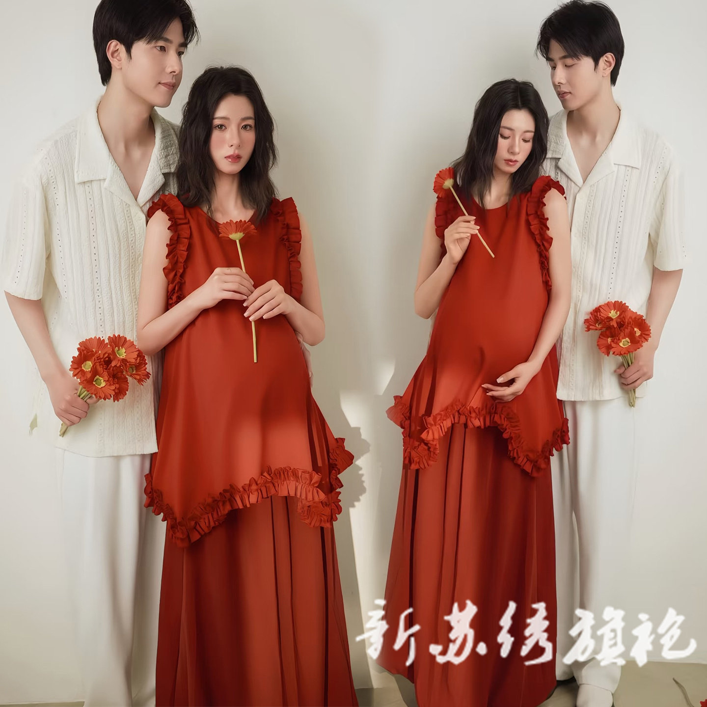依媚坊孕妇法式复古红色肖像服