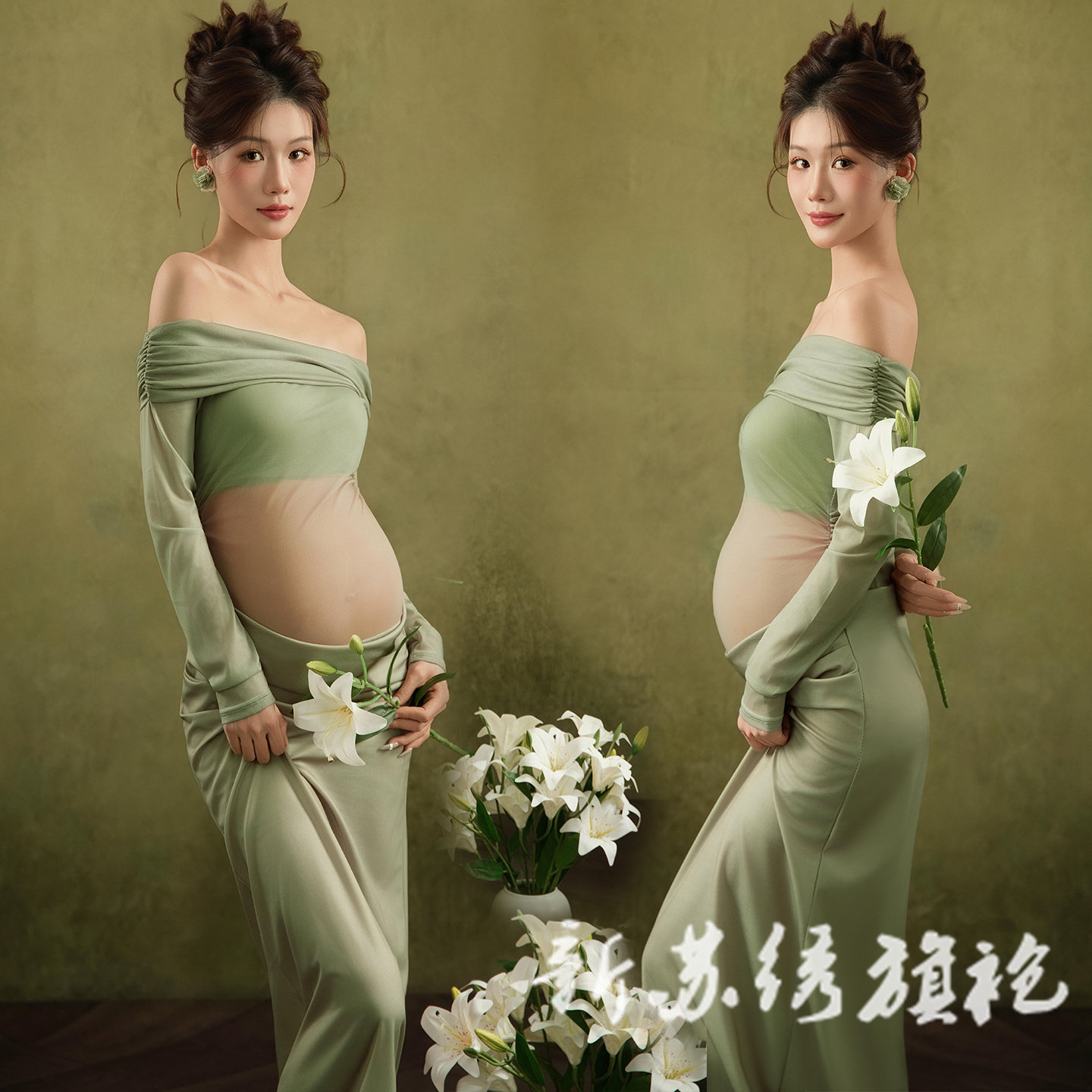依媚坊孕妇一字肩油画风写真服