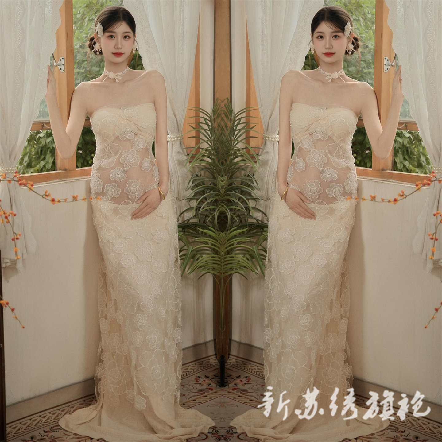 依媚坊孕妇写真法式蕾丝礼服
