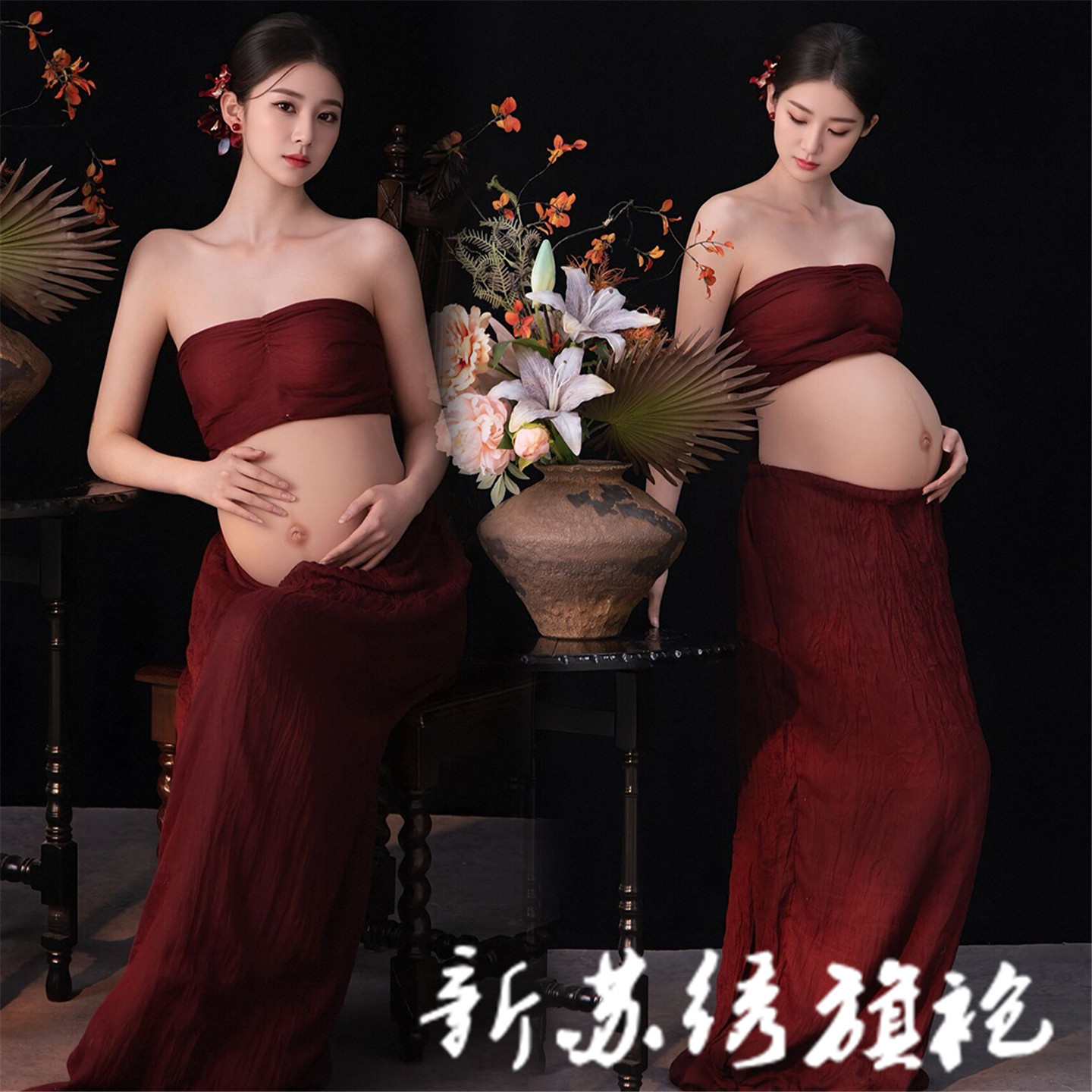 孕妇新中式红色抹胸连衣裙