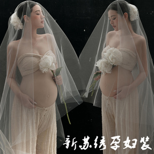复古高级感仙气棉麻裙套装 孕妇照服装 影楼孕妈咪大肚拍照摄影法式