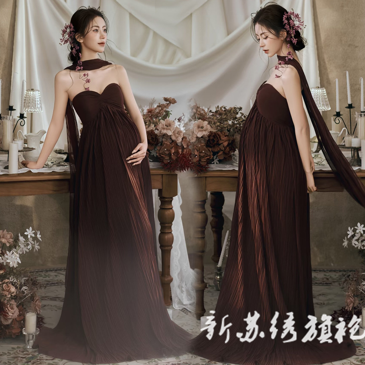 依媚坊孕妇写真法式油画抹胸裙