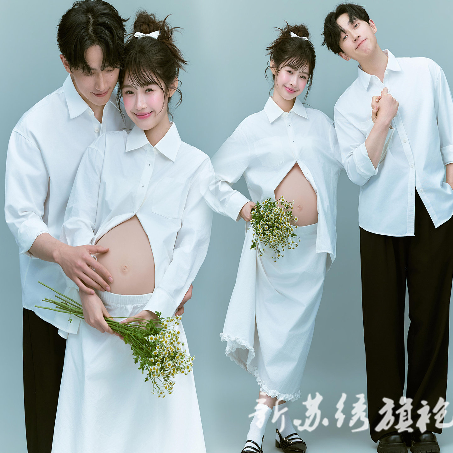 依媚坊孕妇写真情侣白色衬衫