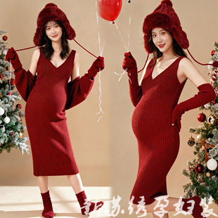 孕妇写真圣诞主题新年韩系俏皮红色连衣裙孕妈咪大肚照摄影拍照服