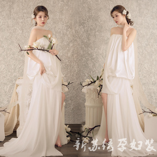 影楼新款孕妇拍照写真法式复古温柔肖像白色连衣裙孕妈艺术照服装