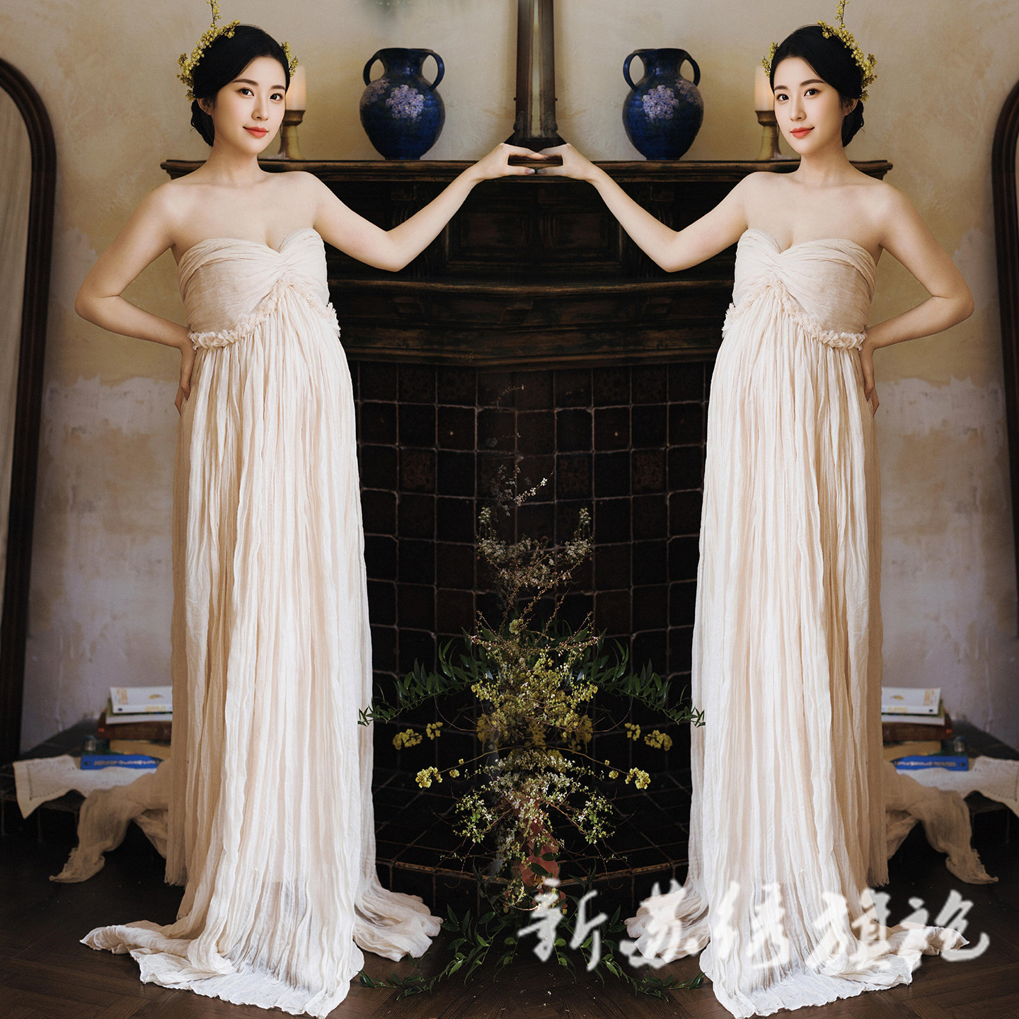 依媚坊孕妇写真复古禅意抹胸裙