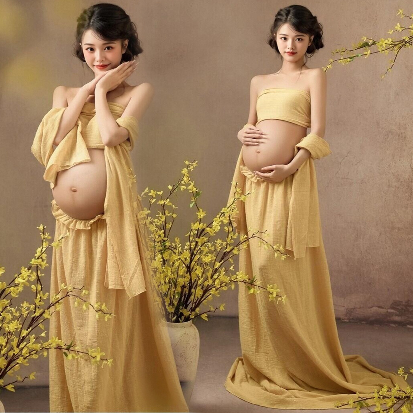 孕妇照服装春日黄色油画风长裙