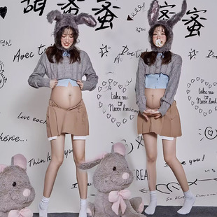 影楼秋冬新款孕妇拍照摄影写真艺术照服装兔年灰色毛衣情侣装摄影