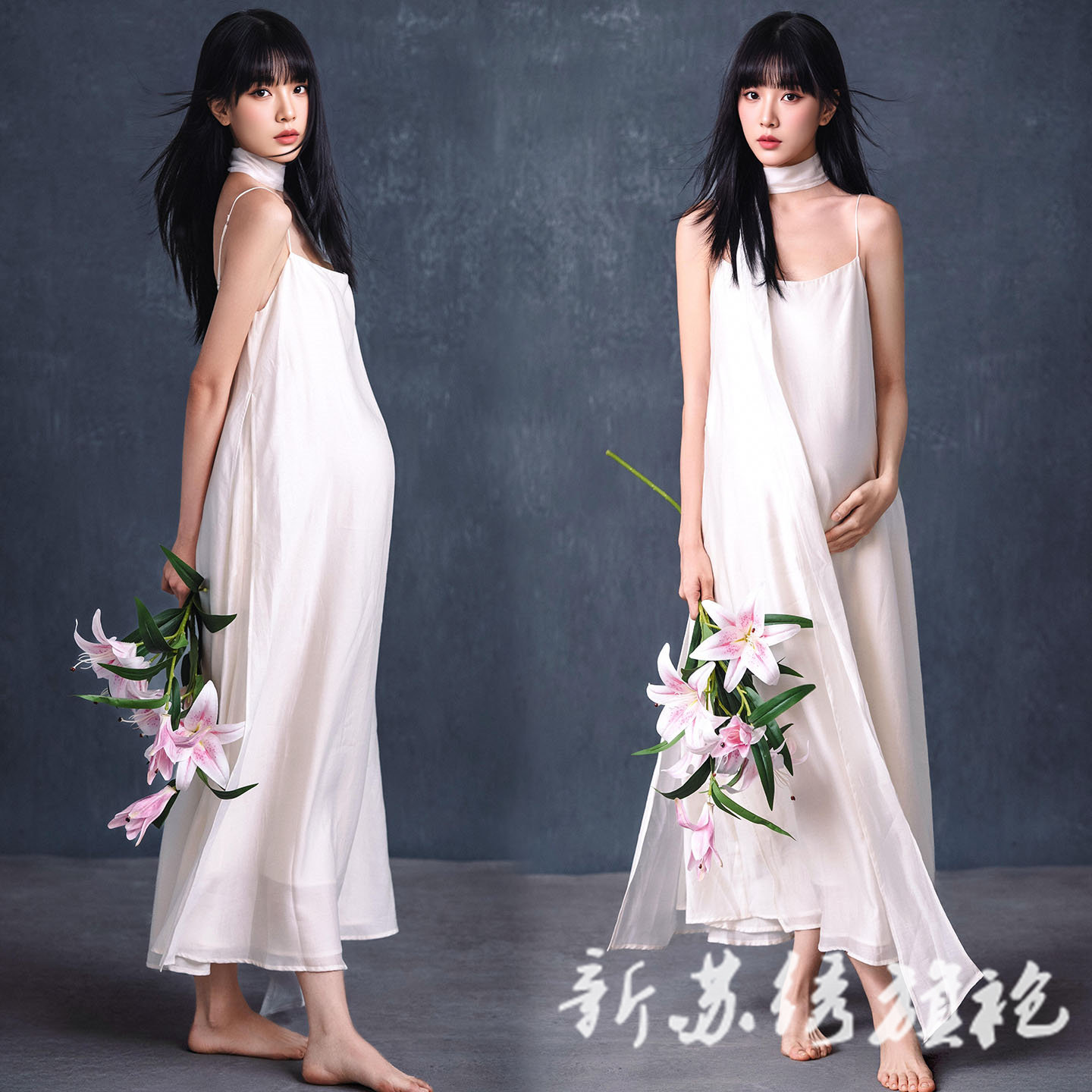 依媚坊孕妇写真法式复古吊带裙