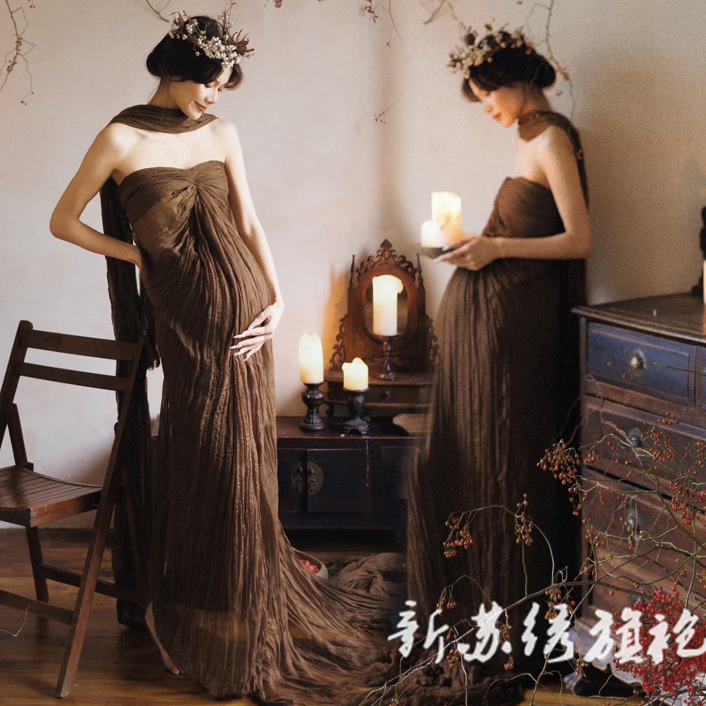 依媚坊孕妇复古超仙抹胸裙