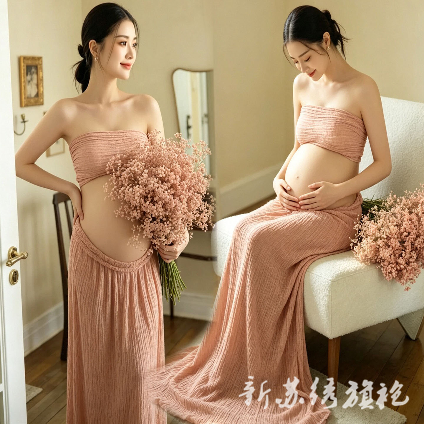 依媚坊孕妇法式复古粉色写真裙