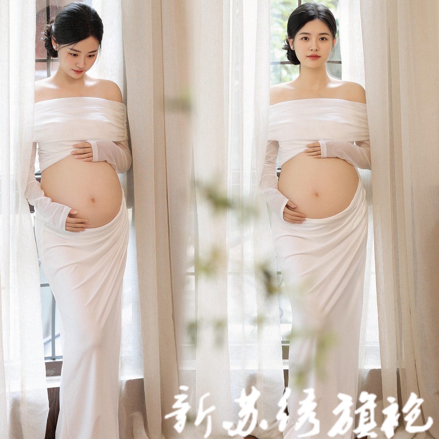 孕妇拍照服装影楼新款法式一字肩连衣裙女温柔风高级感写真大肚照