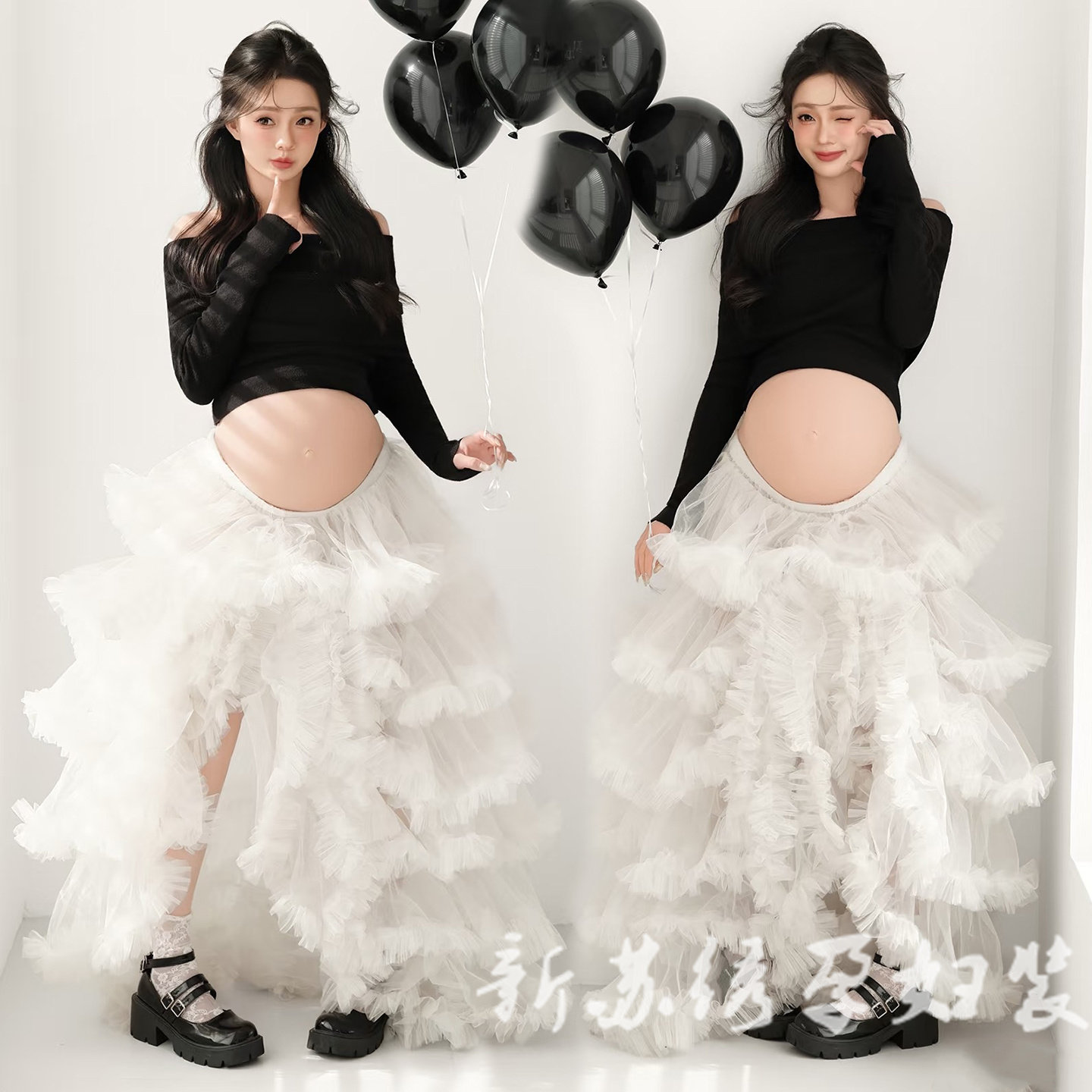 韩系小清新画报风甜美纱裙孕妈服