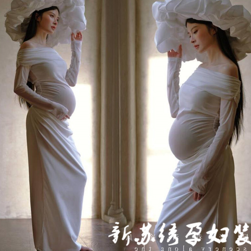 孕妇拍照服装法式纯欲名媛风一字肩连衣裙孕妈咪大肚写真摄影服饰
