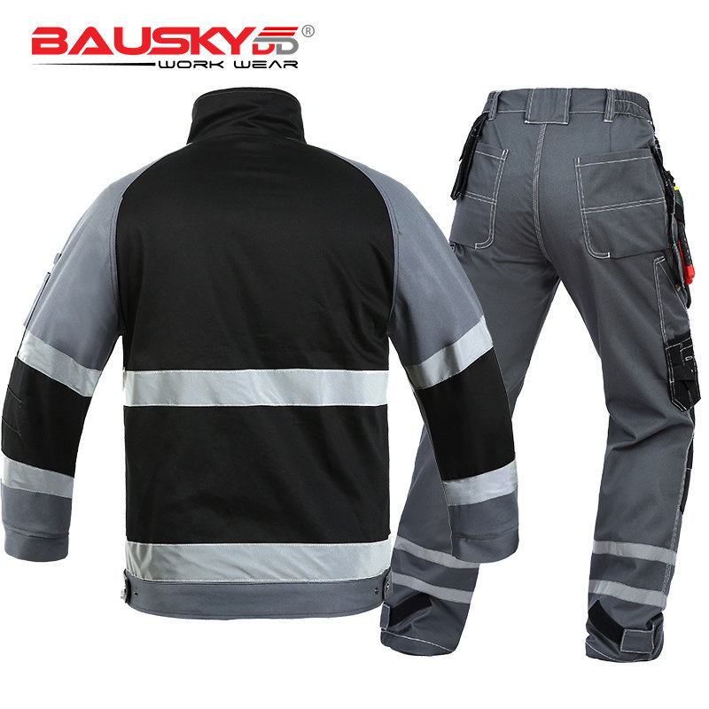 BAUSKYDD SWEDEN BAUSKY BLACK GRAY STITCHING MULTI-POCKET PROTECTIVE REFLECTIVE STRIP COTTON OUTDOOR AUTO REPAIR TOOLING SUIT