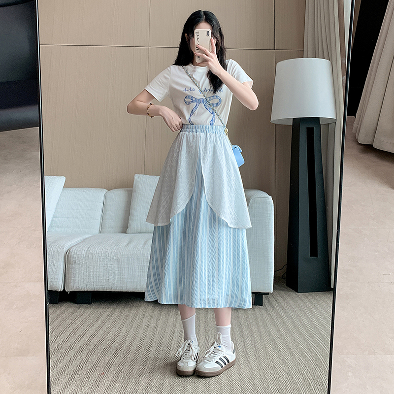 假两件半身裙大码女装夏装新款蓝条纹蕾丝双层裙子百搭半身裙